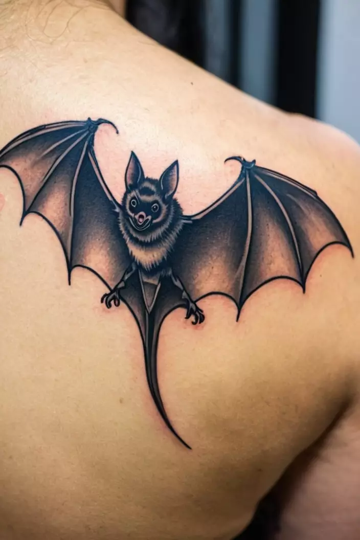 Traditional Bat Tattoo A close-up photo of a woman showing her traditional bat tattoo, bold and classic, on her upper shoulder.
