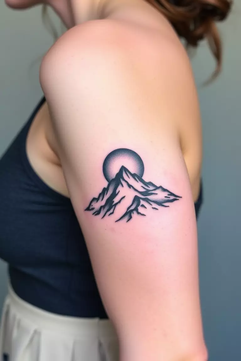 Mountain and Moon Phase Tattoo A photo of a woman with a moon phase and mountain tattoo on her side, capturing the cycles of the moon above the peaks.