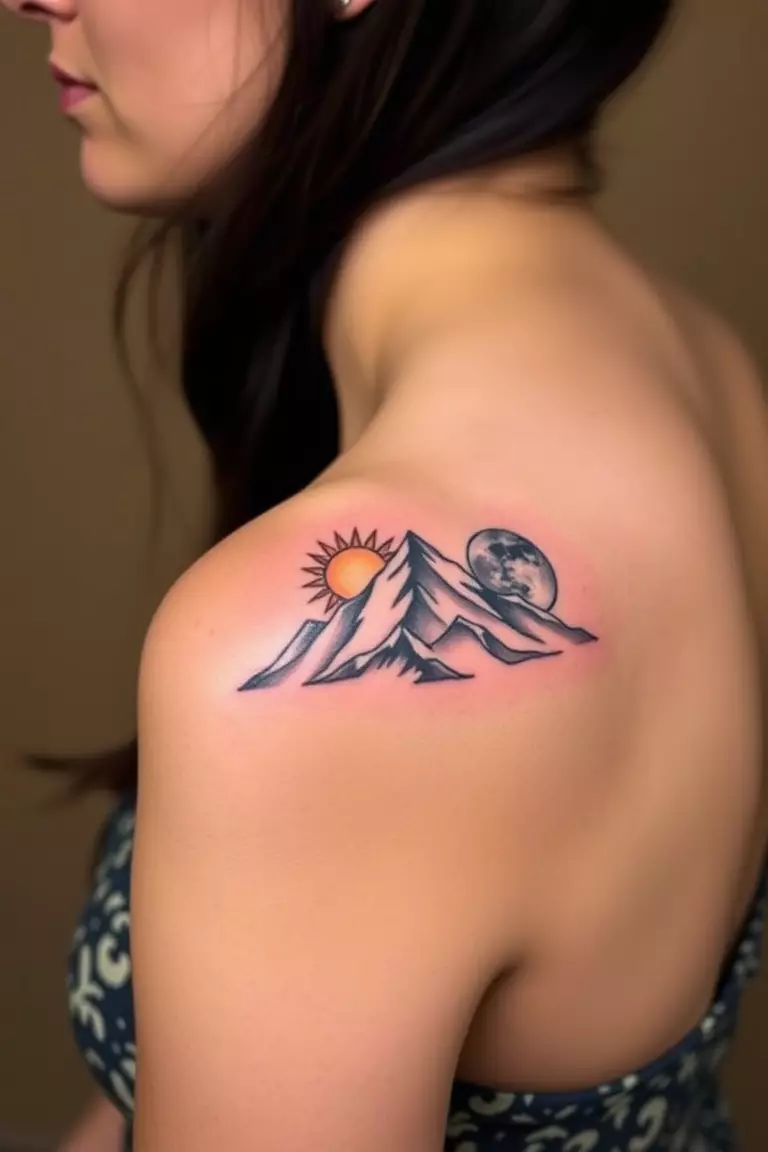 Mountain Tattoo with Sun and Moon A photo of a woman with a mountain tattoo with sun and moon imagery on her shoulder, symbolizing balance.