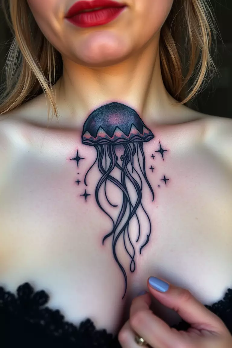 Celestial Jellyfish Tattoo With Stars A close-up photo of a woman showing her celestial jellyfish tattoo with stars.