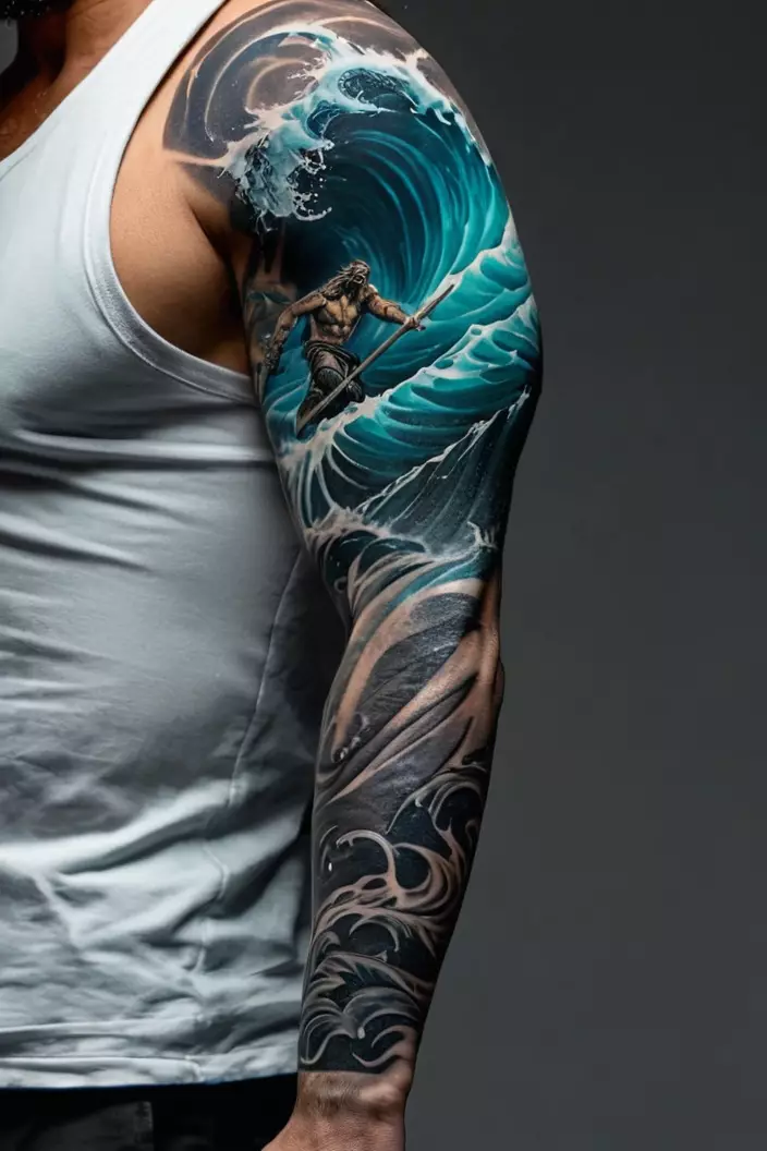 Men's Dramatic Poseidon Full Arm Sleeve Tattoo A photo of a man with a dramatic Poseidon full arm sleeve tattoo, featuring intense waves and the god’s powerful stance.
