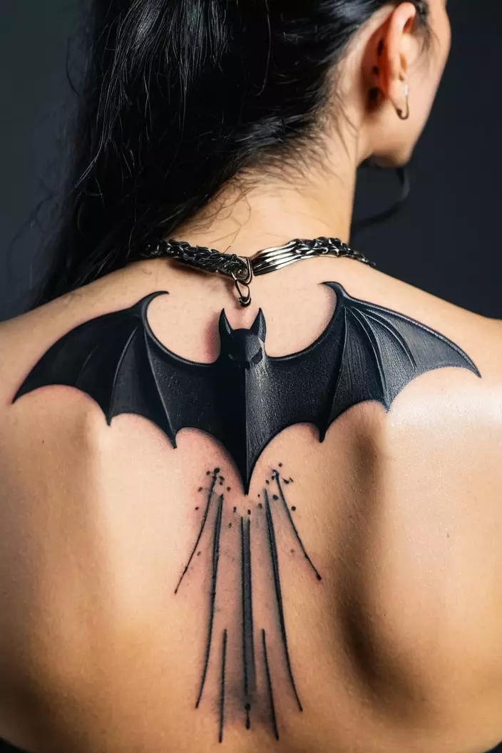 Blackout Bat Tattoo A close-up photo of a woman showing her blackout bat tattoo, completely filled in black, on her upper back.