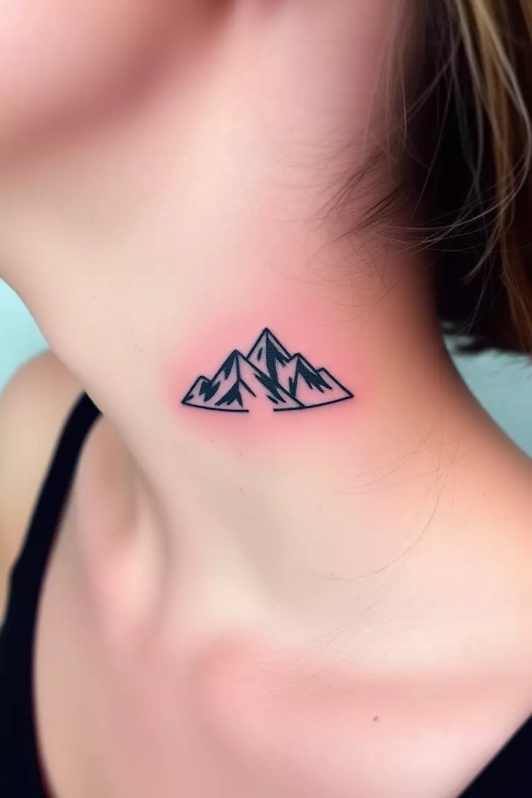 Mountain Neck Tattoo A photo of a woman with a mountain tattoo on her neck, showcasing a small yet striking design with subtle shading.
