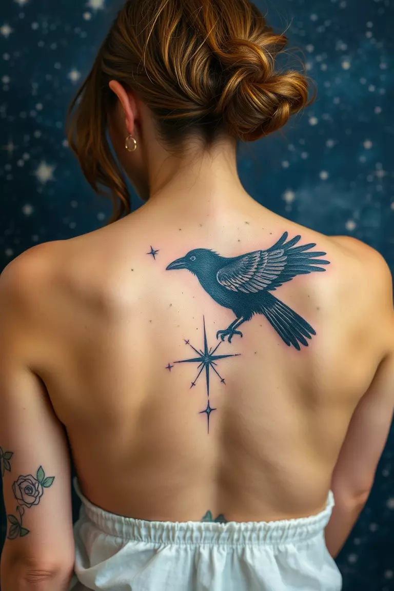 Crow With Starry Night Sky A photo of a woman showcasing a crow against a starry night sky tattoo on her back, immersing the viewer in a dreamy, celestial scene.