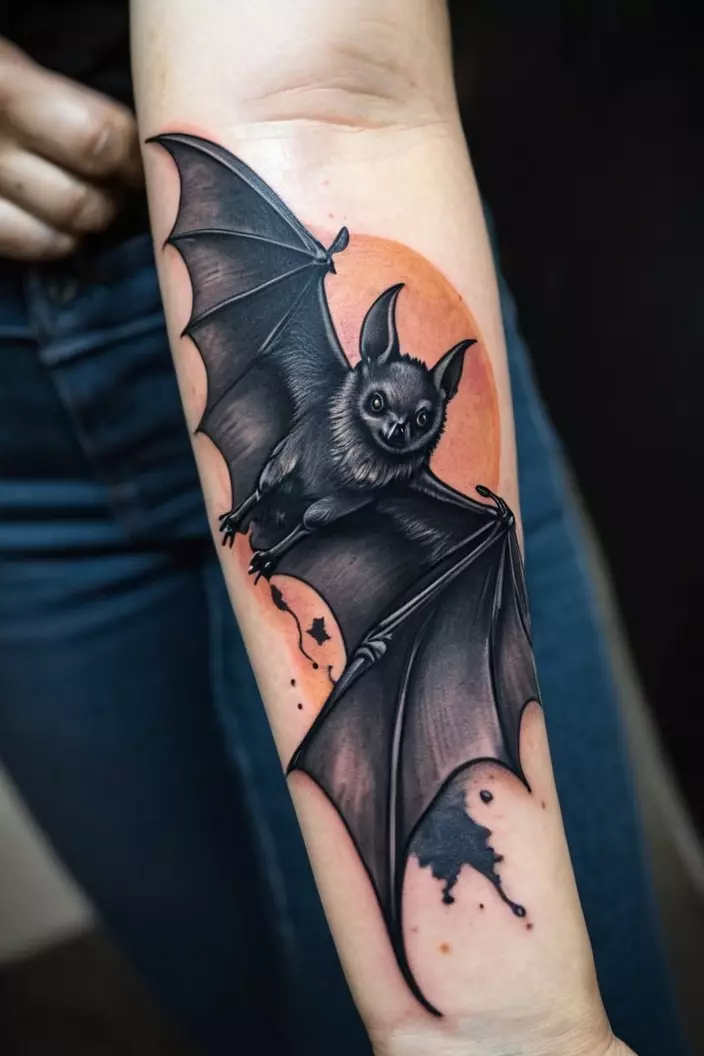 Spooky Black and Gray Bat Tattoo A close-up photo of a woman showing her spooky black and gray bat tattoo on her forearm.