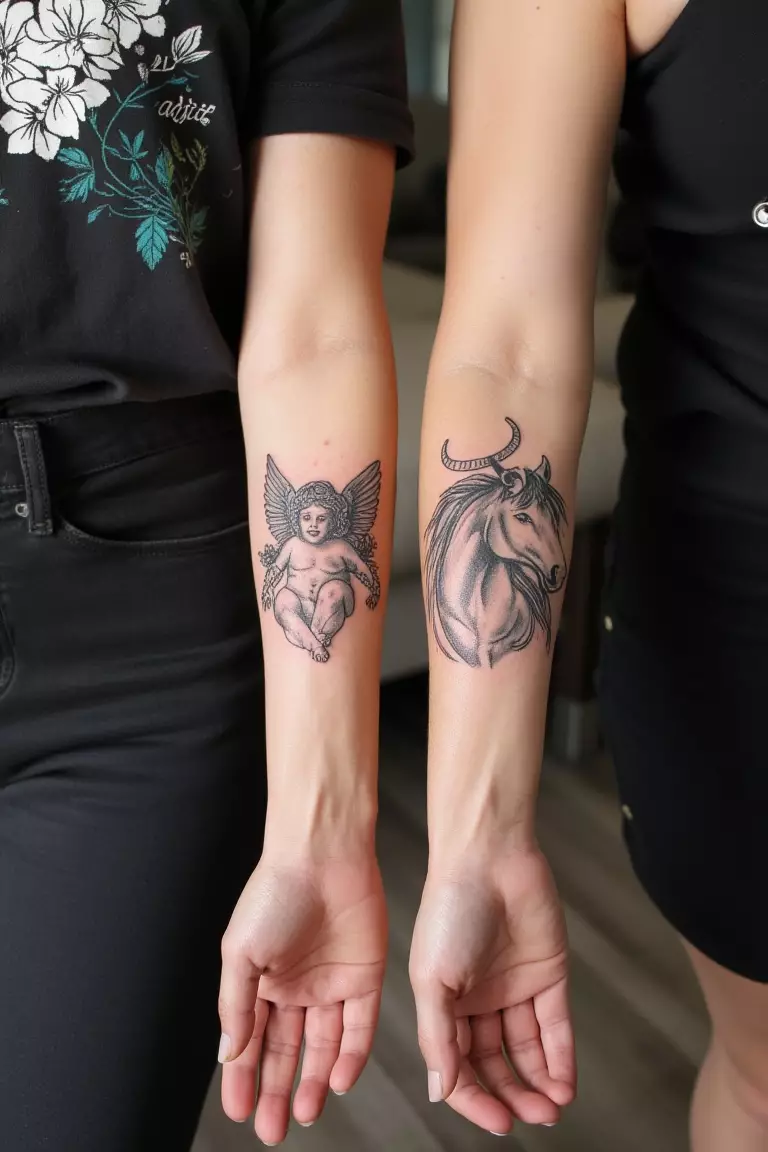 Stunning Black And Gray Fineline Cupid And Horse Forearm Tattoo A photo of a woman with a stunning black and gray fineline Cupid and horse forearm tattoo, living room background.