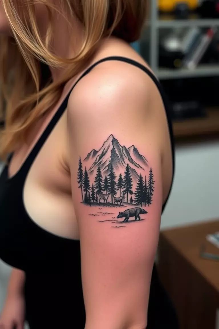 Mountain and Nature Tattoo A photo of a woman with a mountain and nature tattoo on her arm, combining trees and wildlife with mountain silhouettes.