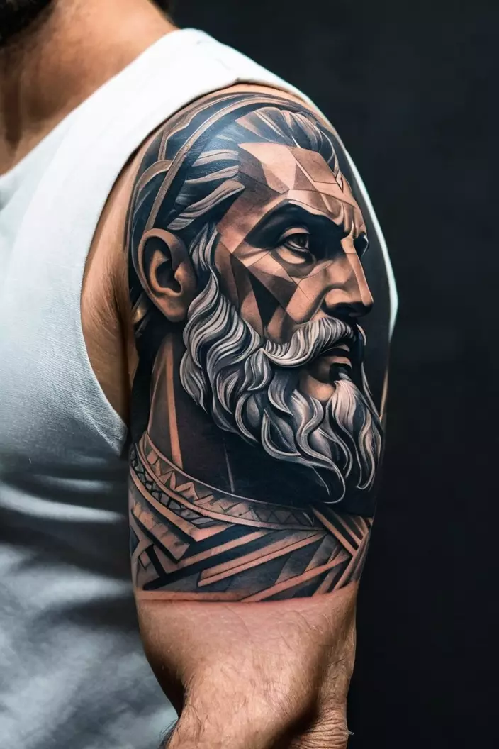 Men's Geometric Zeus Half-Sleeve Tattoo A close-up photo of a man showing his geometric Zeus half-sleeve tattoo, showcasing angular designs and modern interpretations of Zeus's visage.