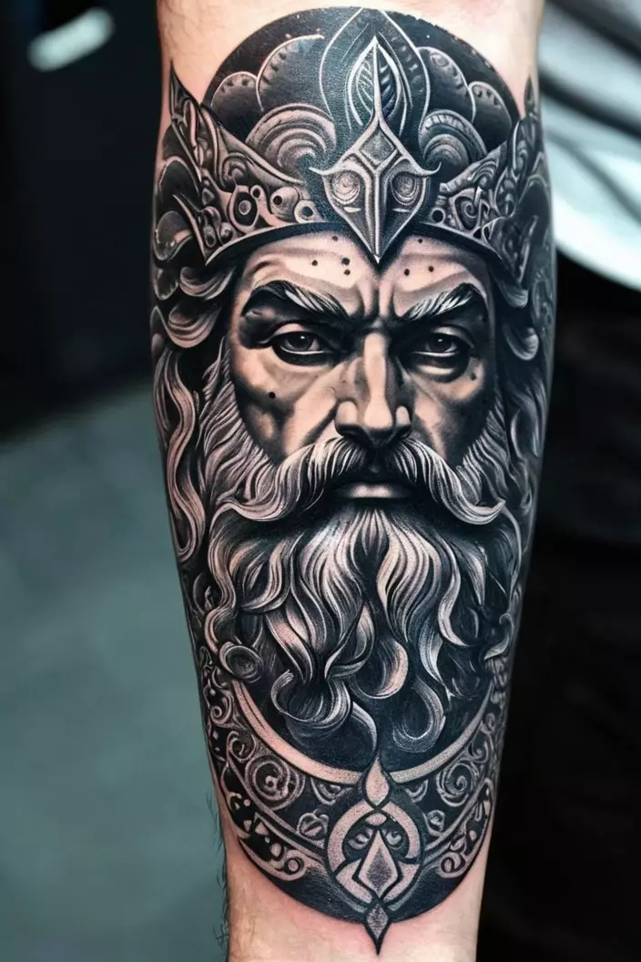 Dotwork Poseidon Portrait Tattoo on Men’s Arm A photo of a man with a dotwork Poseidon portrait tattoo on his arm, emphasizing the intricate dot patterns creating his features.