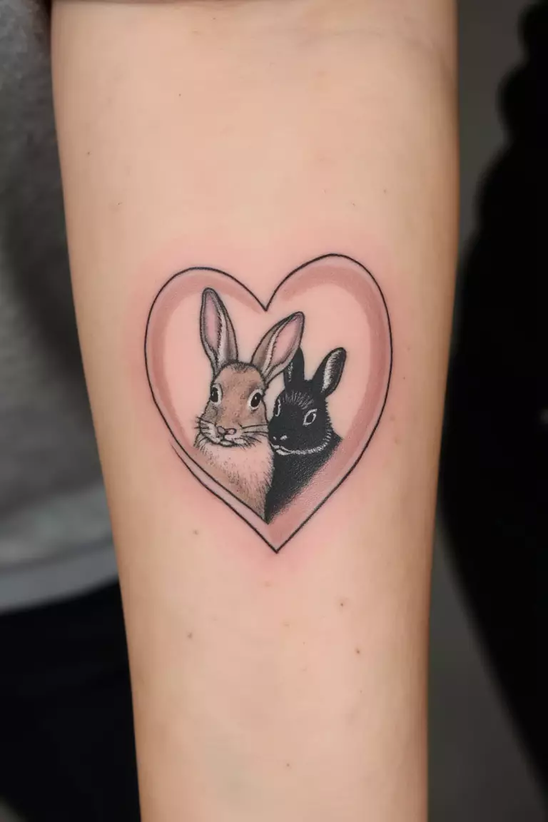Bunny Pair in a Heart Shape A close up shot of woman's arm with a black ink bunny pair in a heart shape tattoo