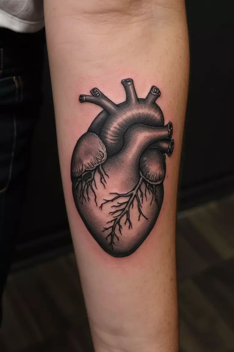 Anatomical Heart Tattoo A close up shot of woman's arm with a black ink anatomical heart tattoo, detailed and realistic