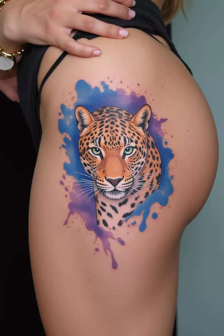 Watercolor-Style Leopard in Motion A photo of a woman showing her watercolor-style leopard tattoo on her thigh, with splashes of blues and purples creating a fluid effect