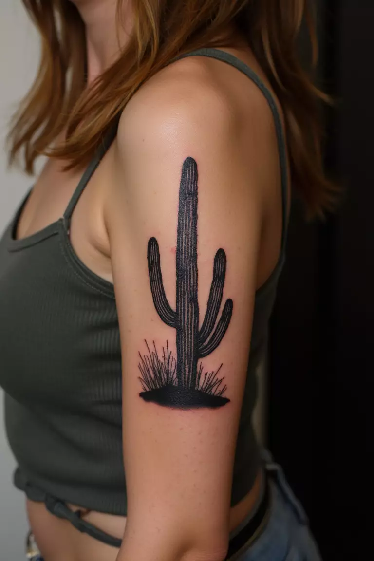 Cactus Silhouette Filled With Desert Scenery A close up shot of a woman showing her black ink cactus silhouette filled with desert scenery tattoo on her arm