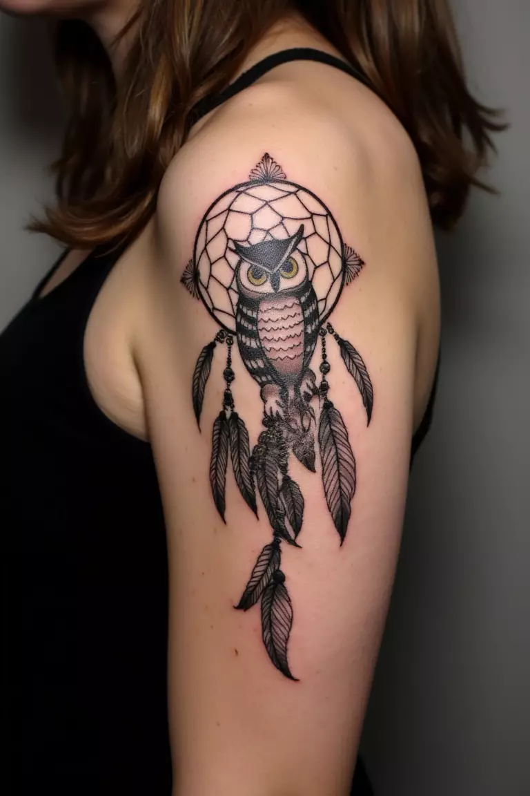 Owl Dreamcatcher Tattoo A close up shot of woman's arm with a black ink owl dreamcatcher tattoo.