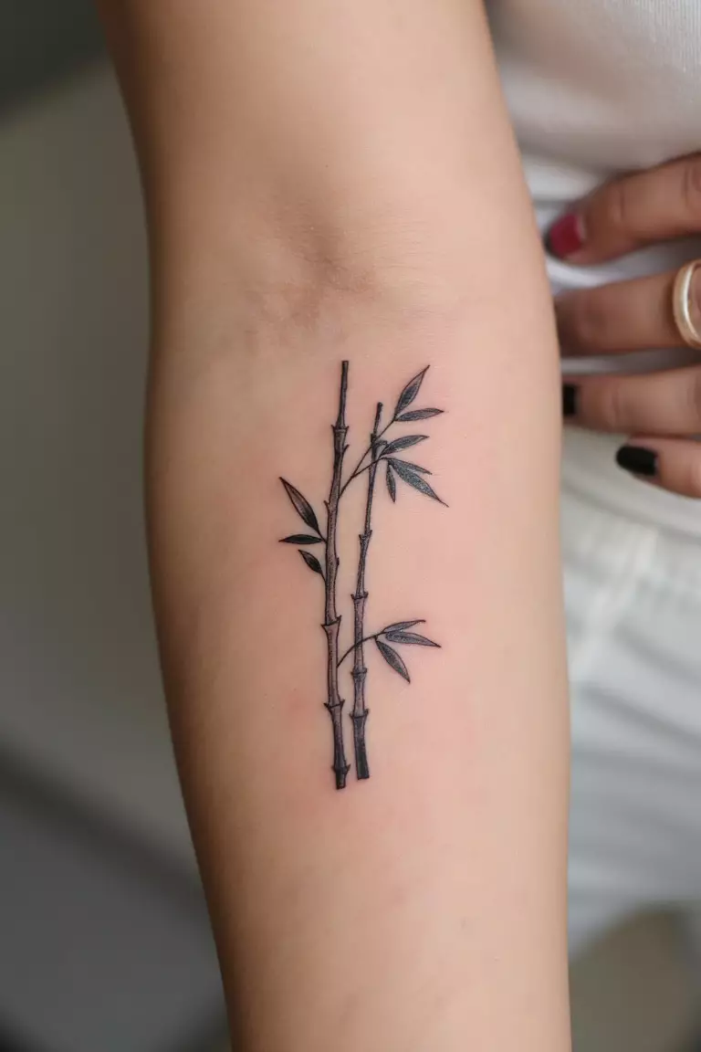 Minimalist Bamboo Stalk A close up shot of woman's arm with a black ink minimalist bamboo stalk with a few leaves tattoo