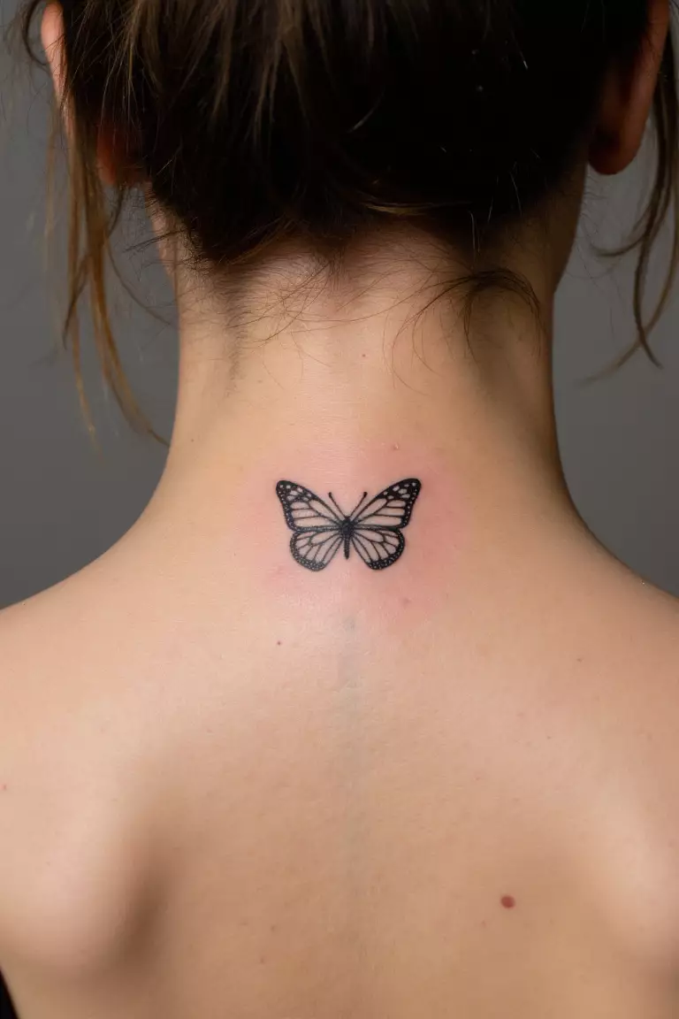 Tiny Butterfly Tattoo A close up shot of woman's neck from the back with a black ink tiny butterfly tattoo
