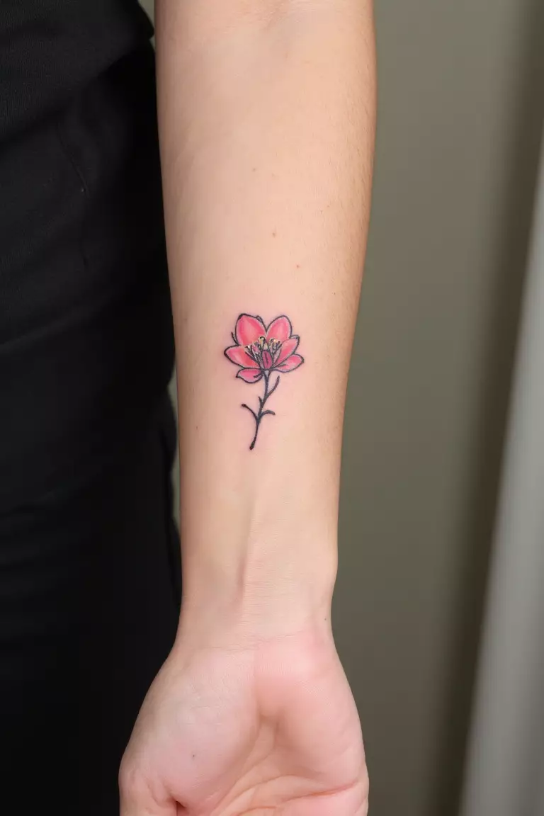 Single Cherry Blossom With Stem A close up shot of woman's arm with a black ink single cherry blossom with a small stem tattoo