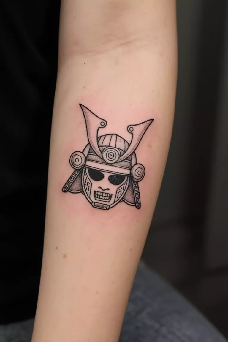 Minimalist Samurai Helmet Outline A close up shot of woman's arm with a black ink minimalist samurai helmet outline tattoo