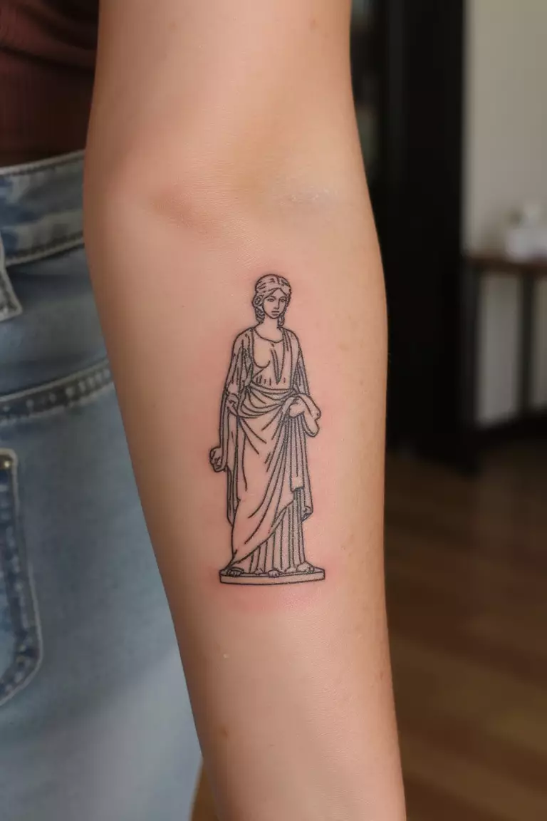 Small Greek Statue A close up shot of woman's arm with a black ink tattoo featuring a minimalist outline of a Greek statue.