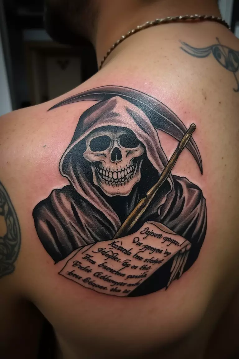 Grim Reaper Holding a Scroll With Text on It A close up shot of man's shoulder with a black ink grim reaper holding a scroll with text on it tattoo