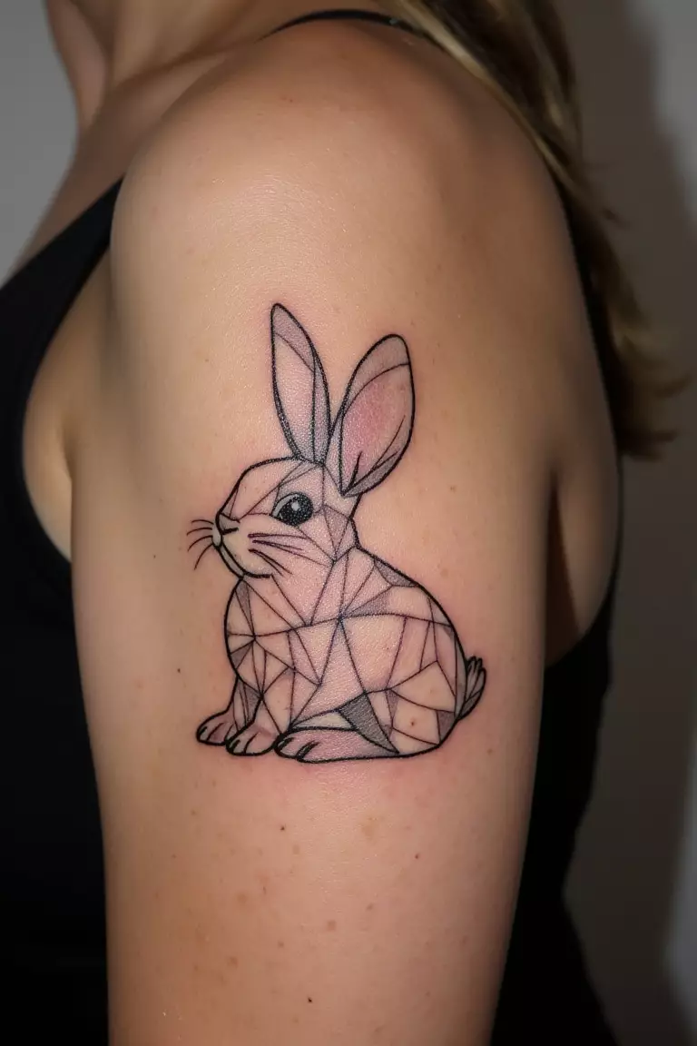 Geometric Bunny Design A close up shot of woman's arm with a black ink geometric bunny design tattoo