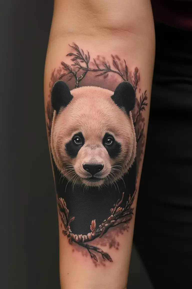 Photo Realistic Panda Forearm Tattoo A close up shot of woman with a photo realistic panda forearm tattoo.