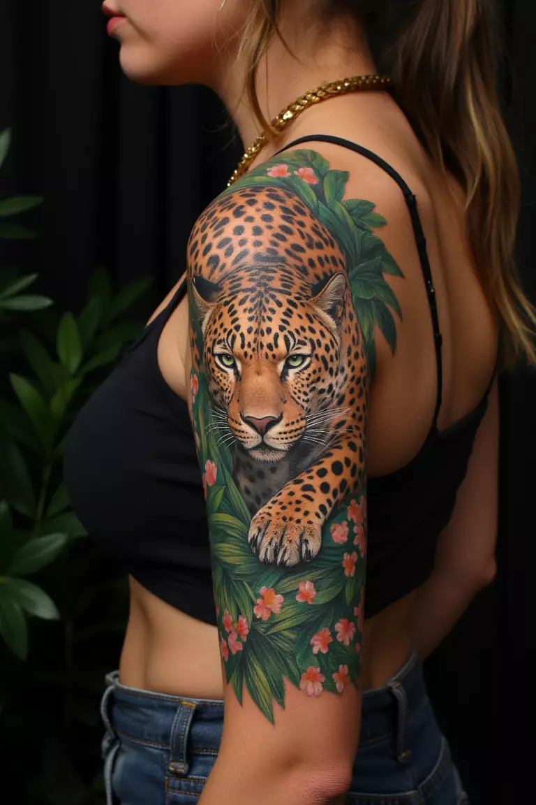 Leopard Emerging from Jungle Foliage A photo of a woman showing her leopard emerging from jungle foliage tattoo with lush greenery on her upper arm