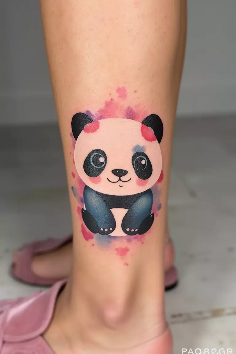 Watercolor Kawaii Panda Tattoo on Calf/Ankle A close up shot of woman with a watercolor kawaii panda tattoo on her calf/ankle.