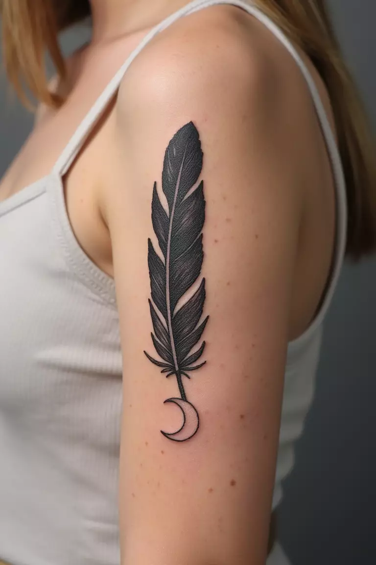 Feather And Moon Tattoo A close up shot of woman's arm with a black ink feather and moon tattoo, crescent moon positioned near feather tip
