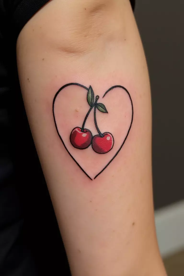Cherry-Shaped Heart Tattoo A close up shot of woman's arm with a black ink cherry-shaped heart tattoo, twin cherries forming heart outline