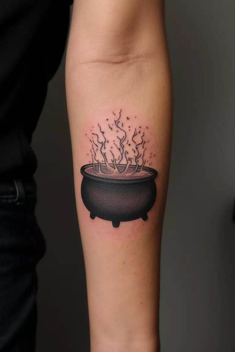 Bubbling Cauldron Tattoo A close up shot of woman's arm with a black ink tattoo of a cauldron with bubbling liquid.