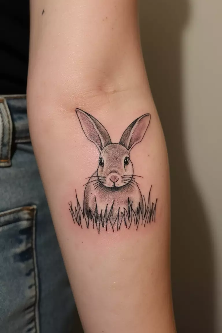 Bunny Playing in a Field A close up shot of woman's arm with a black ink bunny playing in a field tattoo