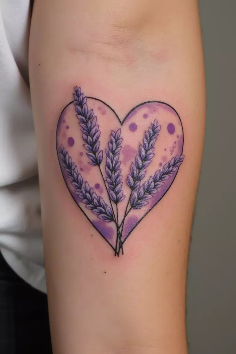 Lavender with Heart A close up shot of woman's arm with a lavender with heart tattoo
