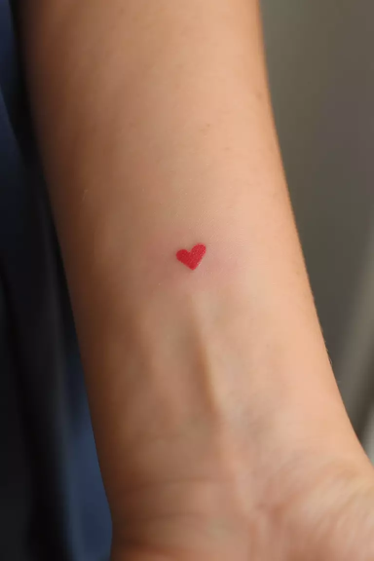 Tiny Red Heart Tattoo A close up shot of woman's arm with a tiny red heart tattoo, delicate and minimalist