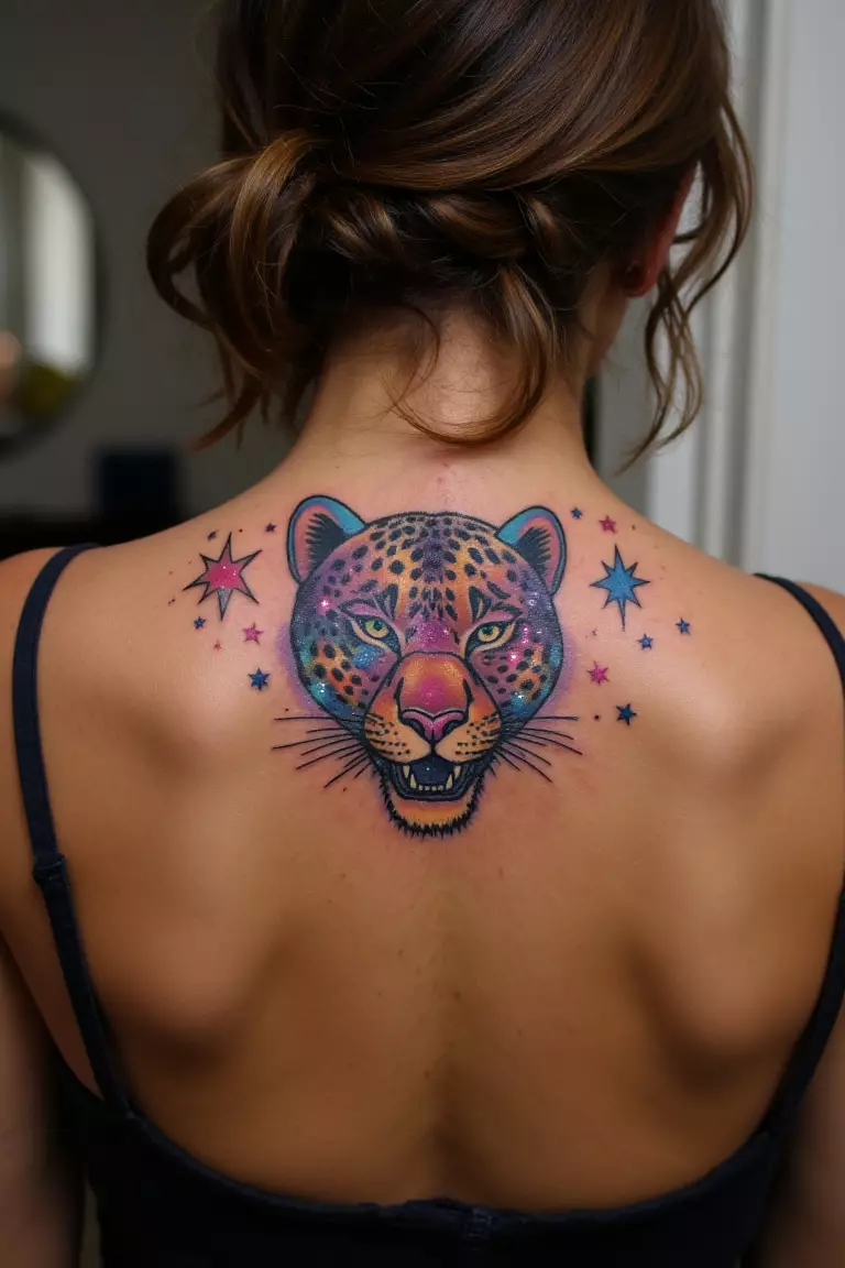 Leopard with Galaxy-Themed Spots A photo of a woman showing her cosmic leopard tattoo with galaxy-themed spots containing nebulas and stars on her shoulder
