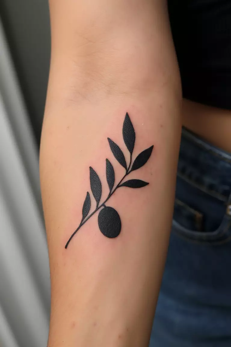 Olive Branch With A Single Olive A close up shot of woman's arm with a black ink olive branch and a single olive tattoo