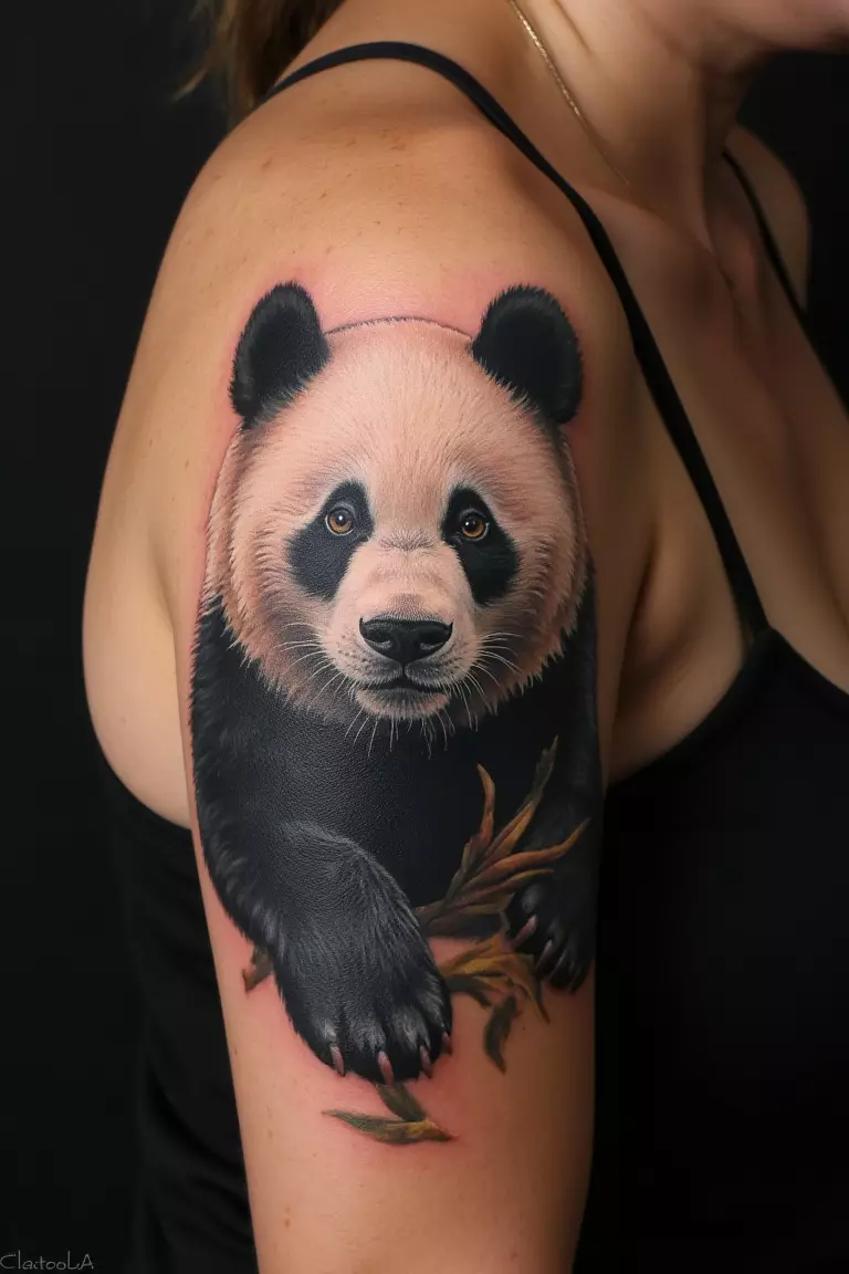 Hyper Realistic Panda Tattoo on Arm A close up shot of woman with a hyper realistic panda tattoo on her arm.