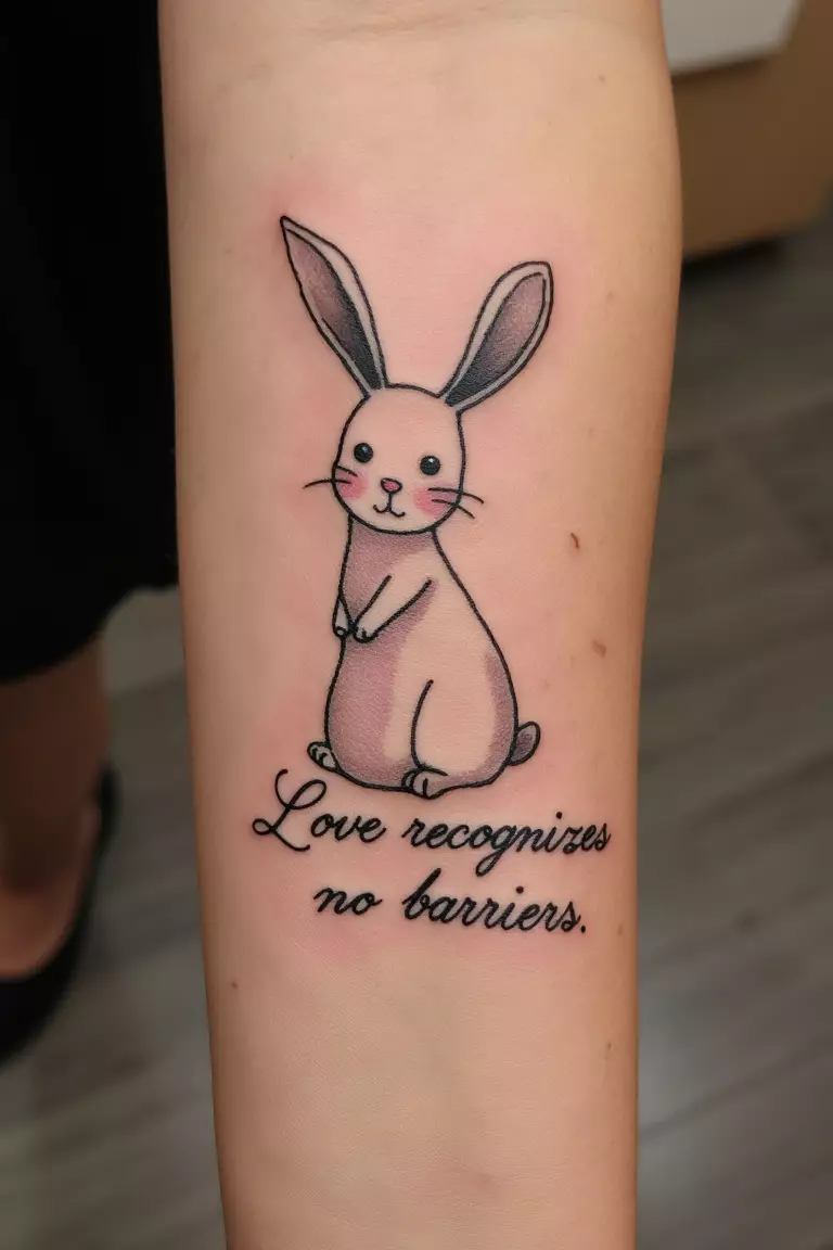 Bunny With a Quote About Love A close up shot of woman's arm with a black ink bunny with a quote "Love recognizes no barriers" tattoo