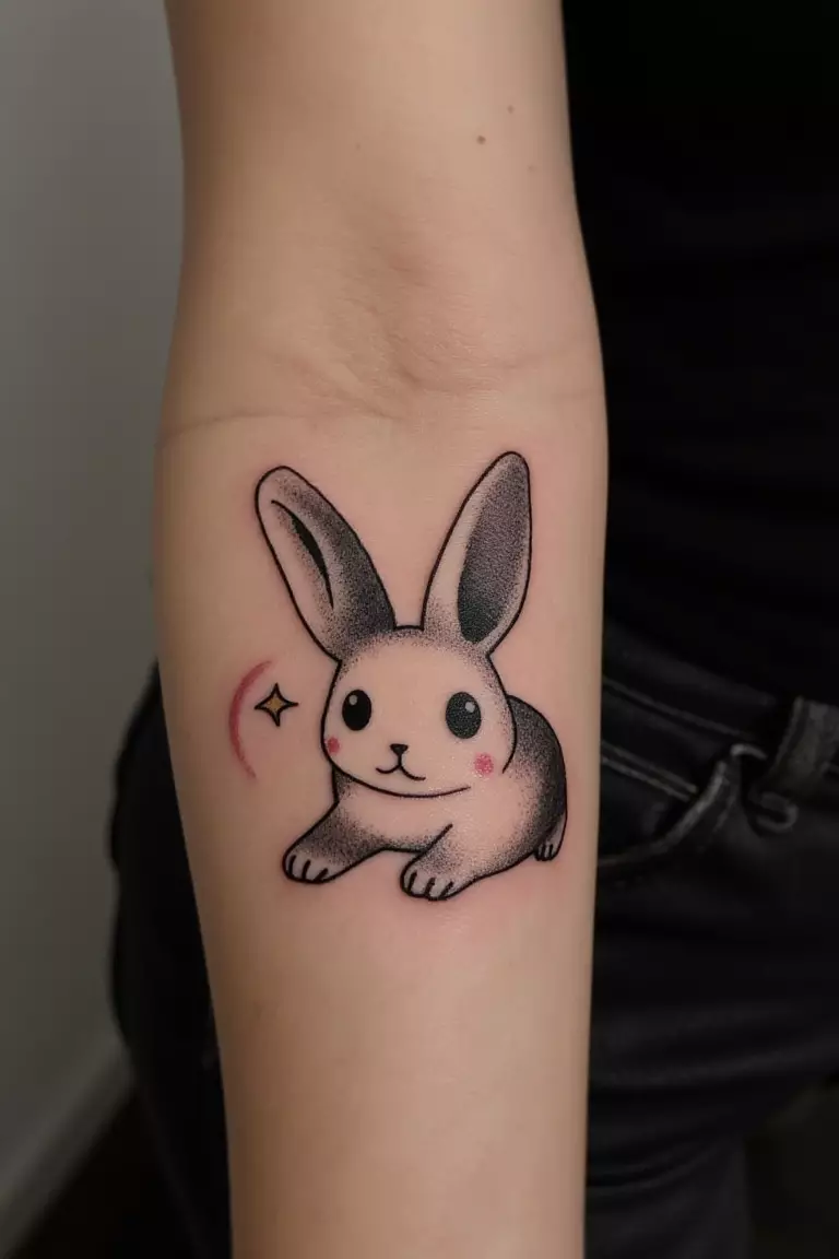 Japanese-Inspired Bunny Tattoo A close up shot of woman's arm with a black ink Japanese-inspired bunny tattoo