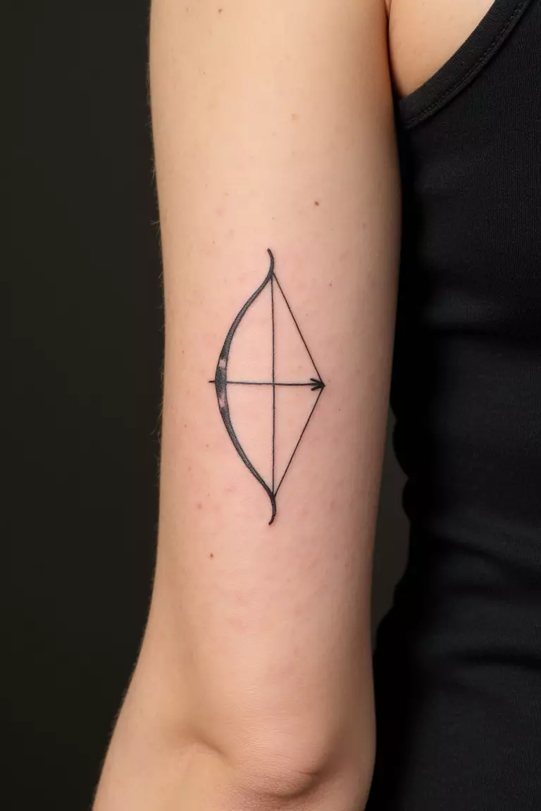 Artemis's Bow A close up shot of woman's arm with a black ink tattoo showing a minimalist bow representing Artemis, the goddess of the hunt and wilderness.