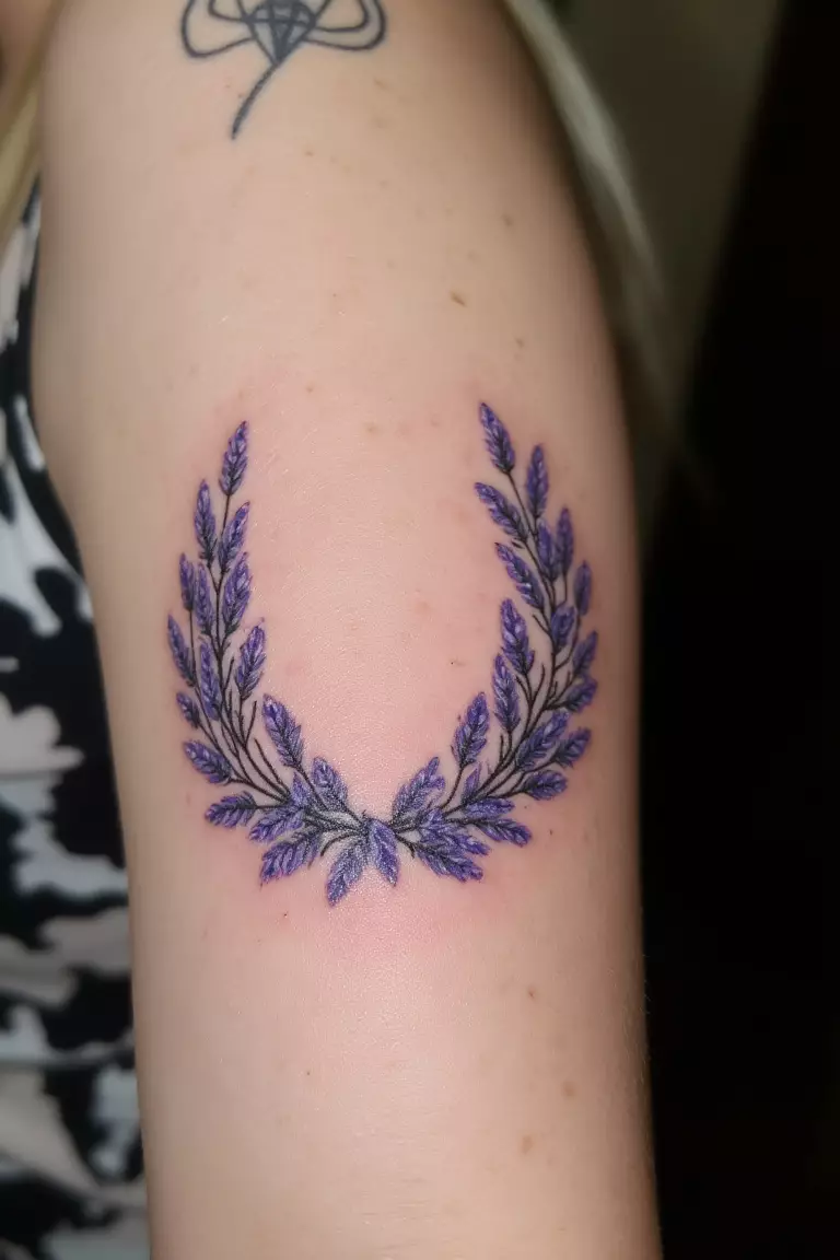 Lavender Wreath A close up shot of woman's arm with a lavender wreath tattoo