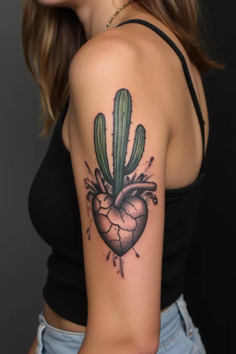 Cactus Growing Out of a Cracked Heart A close up shot of a woman showing her black ink cactus tattoo growing out of a cracked heart on her arm