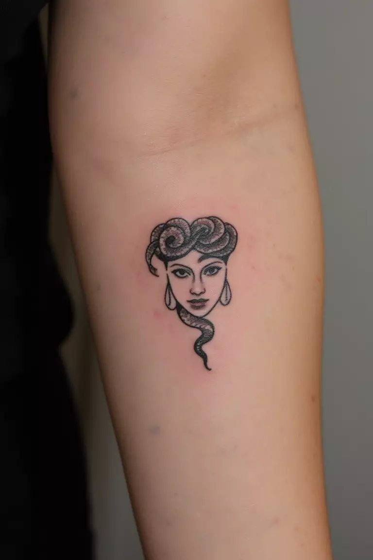 Medusa's Snake A close up shot of woman's arm with a black ink tattoo showing a small, stylized snake representing Medusa, simple yet powerful mythological symbol.