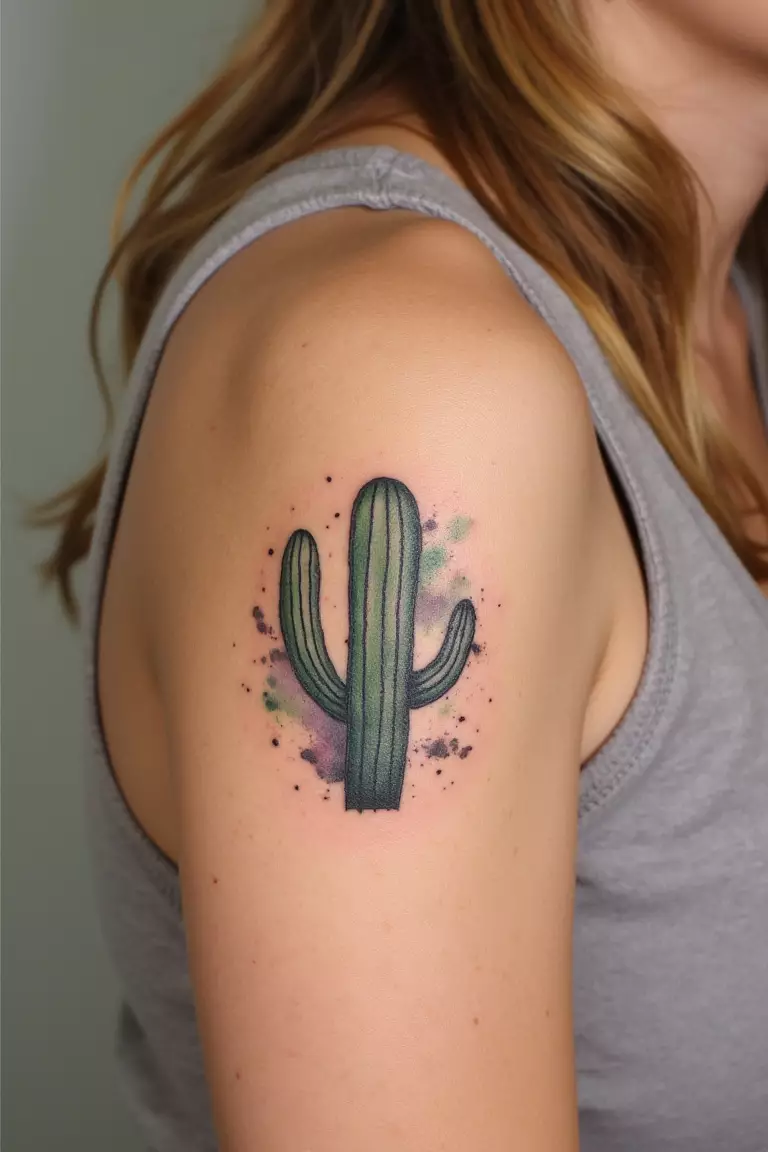 Simple Cactus With a Watercolor Splash Background A close up shot of a woman showing her black ink simple cactus tattoo with a watercolor splash background on her arm