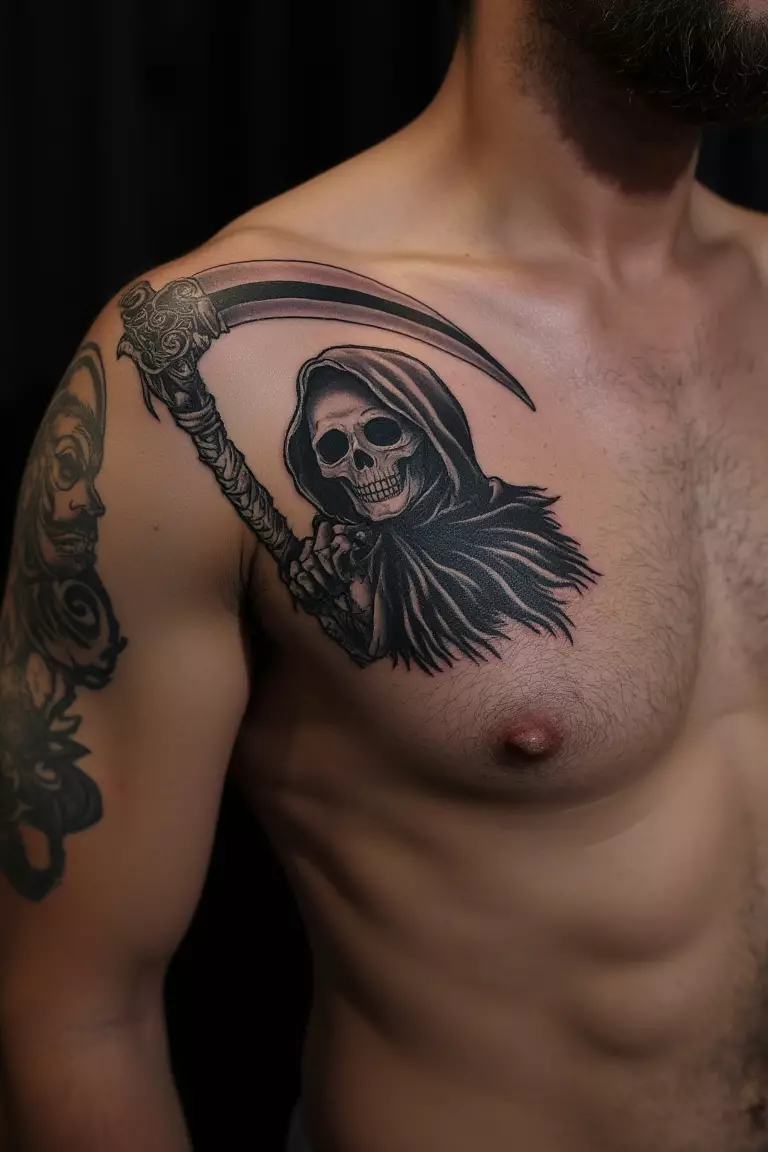 Grim Reaper Holding an Hourglass A close up shot of man's shoulder with a black ink grim reaper tattoo