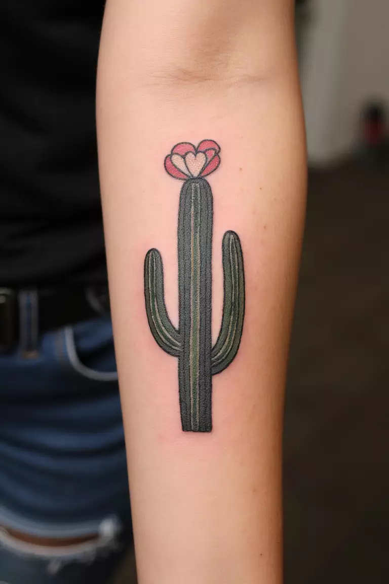 Cactus With a Heart-Shaped Flower on Top A close up shot of a woman showing her black ink cactus tattoo with a heart-shaped flower on top on her arm