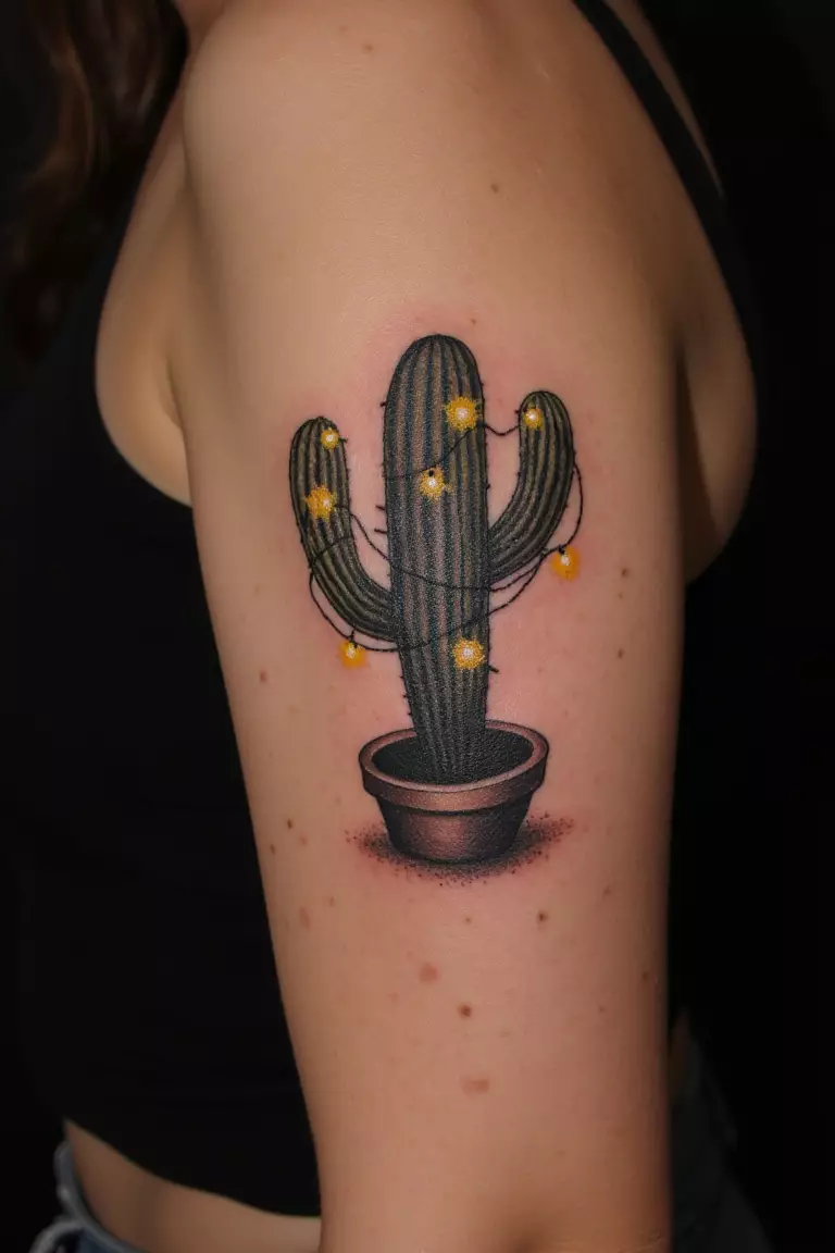 Cactus Wrapped in Fairy Lights A close up shot of a woman showing her black ink cactus wrapped in fairy lights tattoo on her arm