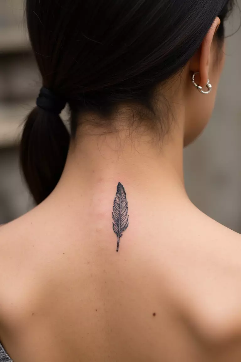 Tiny Feather Tattoo A close up shot of woman's neck from the back with a black ink tiny feather tattoo