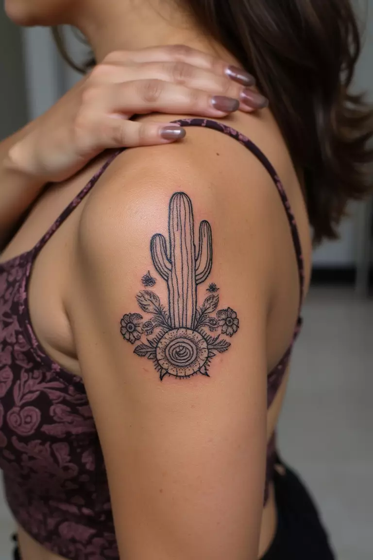 Cactus Surrounded by Delicate Mandala Patterns A close up shot of a woman showing her black ink cactus surrounded by delicate mandala patterns tattoo on her arm
