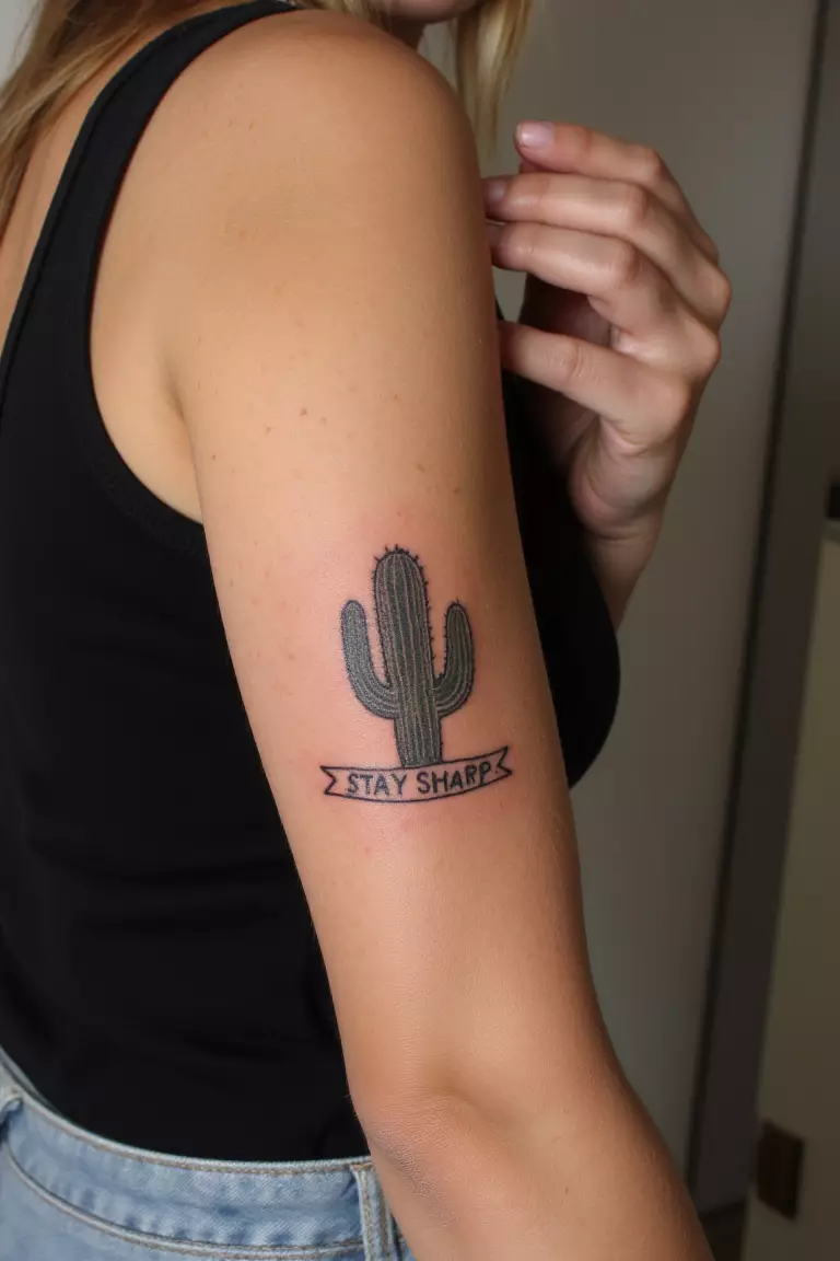 Cactus With a Banner That Says A close up shot of a woman showing her black ink cactus tattoo with a banner that says